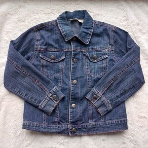 Cherokee Girls Denim Jean Jacket Size 6 Dark Wash Pink Stitching Stretch